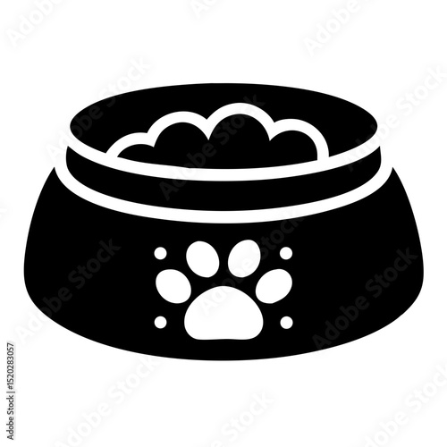 Pet food bowl with kibble and paw print design.  Pet food bowl is perfect for dog or cat.  This pet food bowl graphic is ideal for pet food packaging design and isolated use.