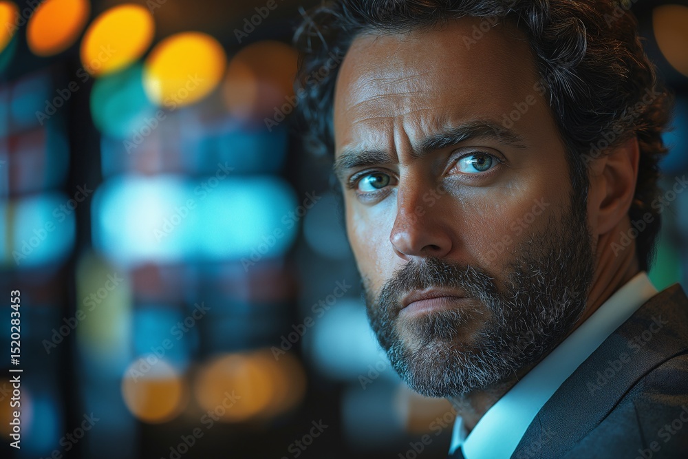 Bearded Businessman Portrait. Serious Expression and Confident Demeanor in Night Lighting for a Mysterious Corporate Atmosphere Bearded Businessman Portrait. Serious Expression and Confident Demeanor in Night Lighting for a Mysterious Corporate Atmosphere