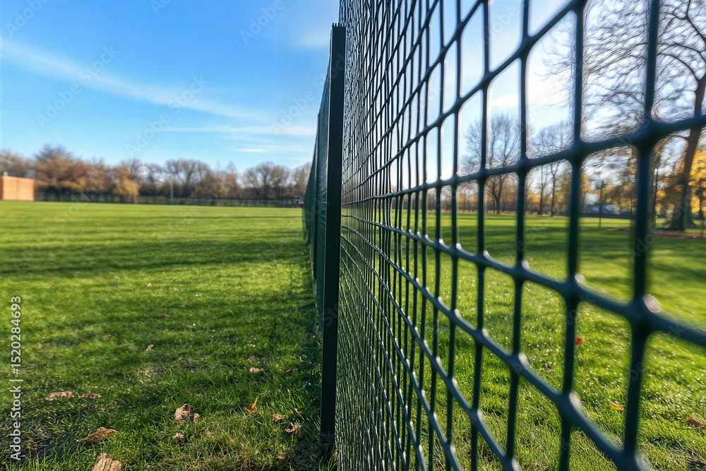 Fototapeta premium View of a plot of land enclosed by a green mesh fence, covered with green grass. There is a field in the background.
