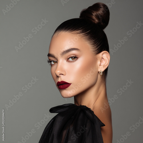 glamorous fashion model, bold makeup, sleek hair bun, studio background, high-end beauty look
