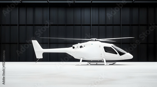Modern White Helicopter In Industrial Hangar