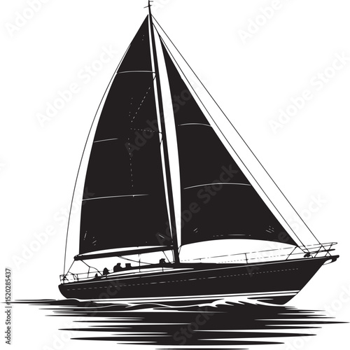 A monochrome illustration of a sailboat sailing on water with sails fully extended and a clear white sky