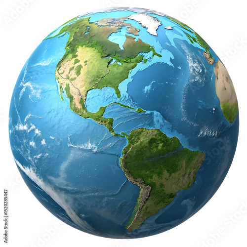 Realistic render of planet earth showing the americas and surrounding oceans and continents