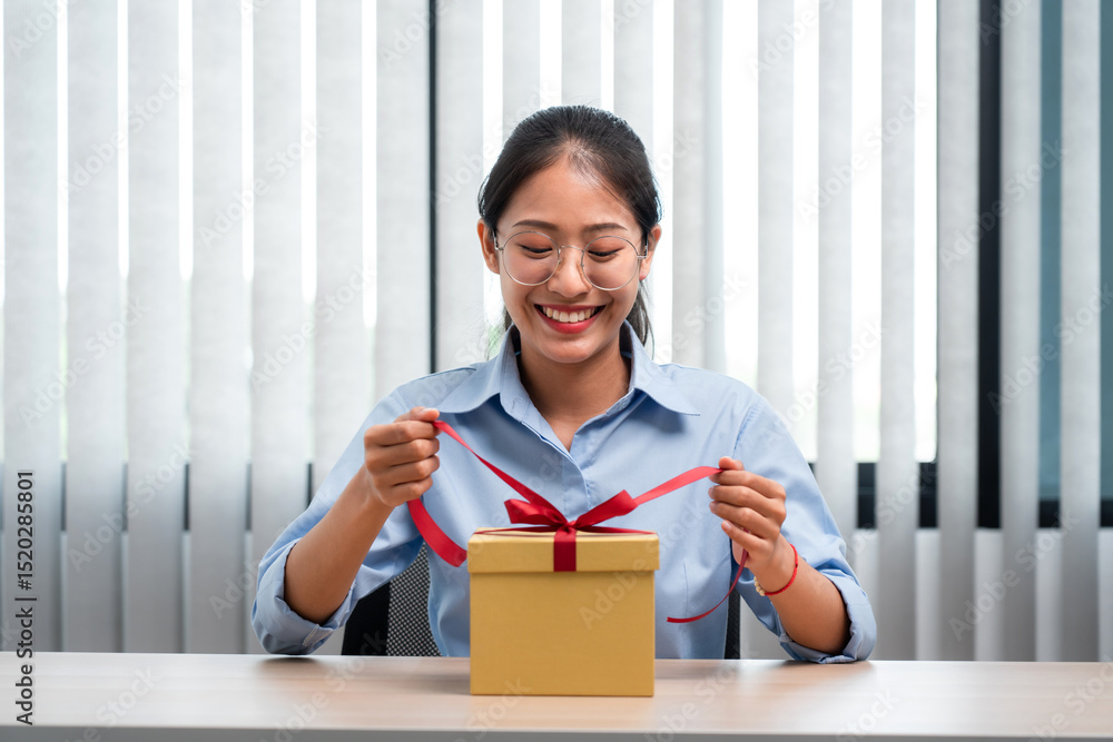 custom made wallpaper toronto digitalHappy woman is smiling and holding present box to wrapped with red ribbon while preparing gift for celebrate