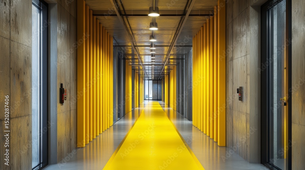Long yellow corridor with grey concrete walls and doors. Long yellow corridor with grey concrete walls and doors.