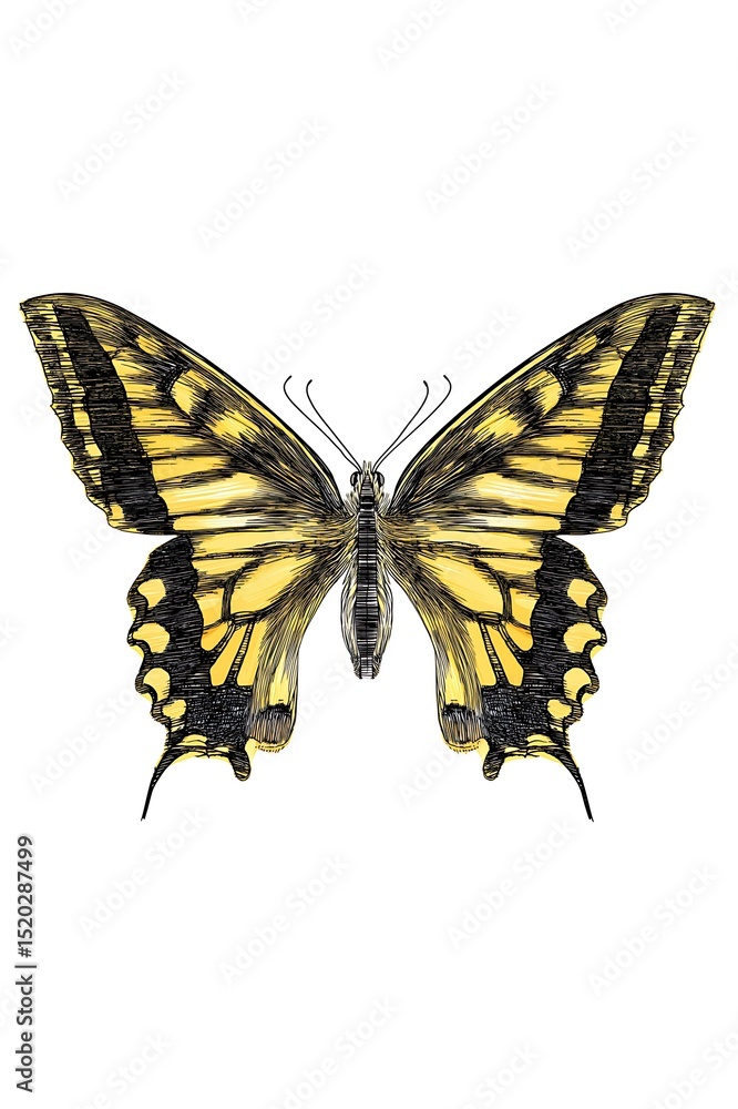 Fototapeta premium Yellow and Black Butterfly with Vibrant Wings in Detailed Macro Illustration - Entomology Wildlife Study
