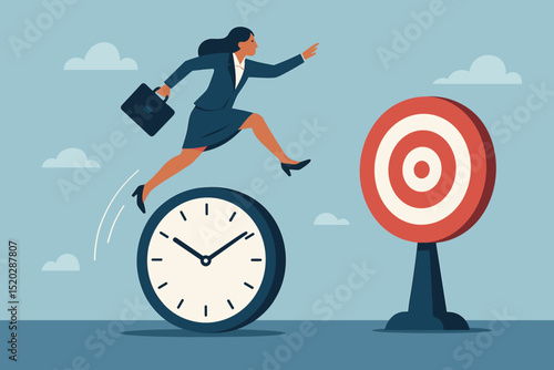Businesswoman leaps over clock towards target: Time management, career success, goal achievement. Deadline, productivity, efficiency, strategy. Professional ambition vector illustration.