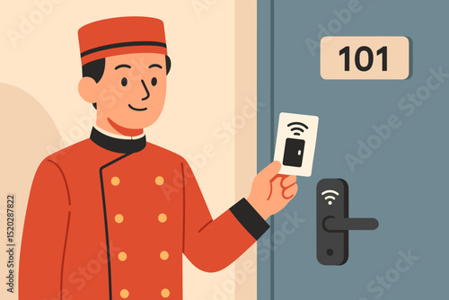 Hotel staff bellboy opening room with NFC key card. Concierge service, wireless electronic door lock. Modern hospitality technology for secure guest access. Vector illustration of smart check-in.