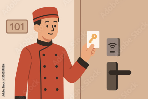 Smiling bellhop in red uniform holds contactless key card at hotel room door with wireless reader. Modern hospitality service, secure access, travel and accommodation vector illustration.