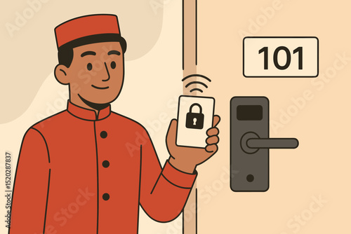 Hotel bellhop uses wireless key card for room access. Smart lock technology for secure entry. Contactless hospitality service with NFC or RFID keycard. Modern hotel convenience concept.