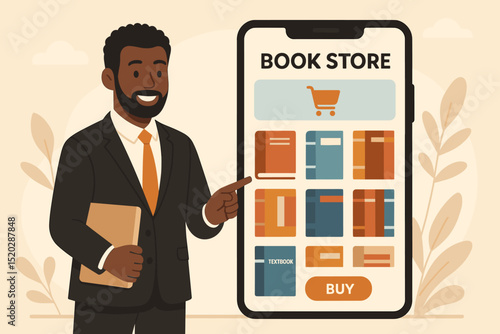 Online bookstore app interface on smartphone. Black businessman shopping for books, e-learning, digital library. E-commerce, mobile retail, education technology concept vector.