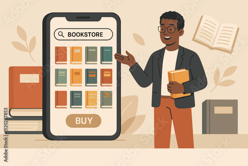 Smiling Black man using online bookstore app on smartphone, browsing diverse book selection. E-commerce platform for digital reading, literature purchase, mobile library access, and education.