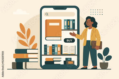 Online bookstore app interface on smartphone. Woman shopping for books and e-books. Digital library, literature, education, and e-commerce concept. Mobile retail and technology for readers.