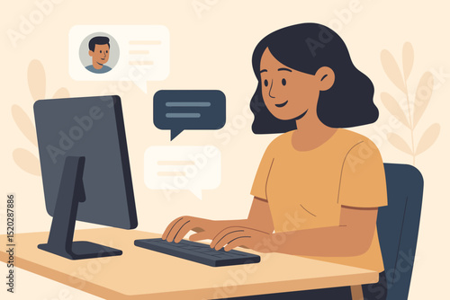 Woman at computer desk chatting online. Office worker communication, remote work, instant messaging, video call concept. Flat vector illustration for business, technology, social media.
