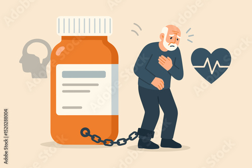 Elderly man chained to pill bottle, medication dependency, drug addiction. Senior health crisis, heart problems, mental decline due to prescription drugs. Overmedication, captive concept.