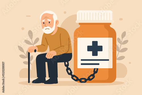 Medication dependency metaphor: Sad elderly man chained to giant pill bottle. Concept for prescription drug addiction, pharmaceutical reliance, senior health issues, and the burden of chronic illness.