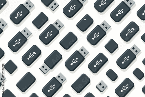 Seamless pattern of USB flash drives and caps. Vector illustration of memory sticks for data storage. Technology background concept. Portable thumb drive, digital information transfer design.