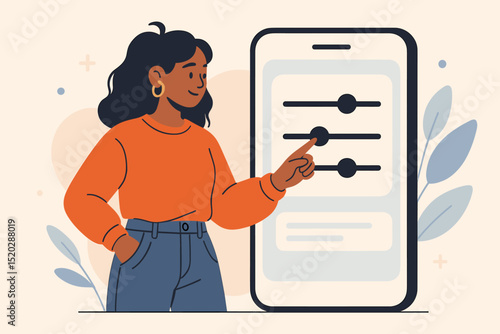 Young Woman Adjusting Digital Settings on Modern Smartphone Application Interface. User Experience, Mobile App Customization & Technology Concept. Flat Vector Illustration.