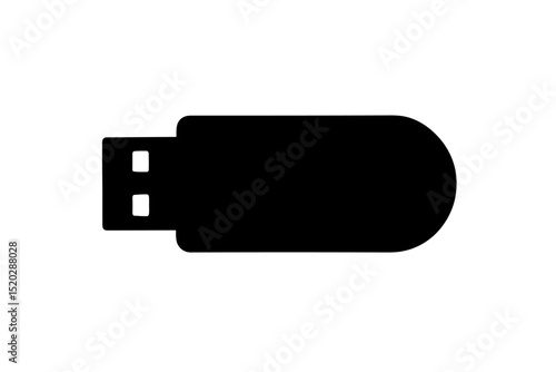USB flash drive silhouette. Memory stick icon. Data storage device. Portable technology. Digital information transfer. Computer peripheral. Vector graphic symbol. Black. White. Isolated.