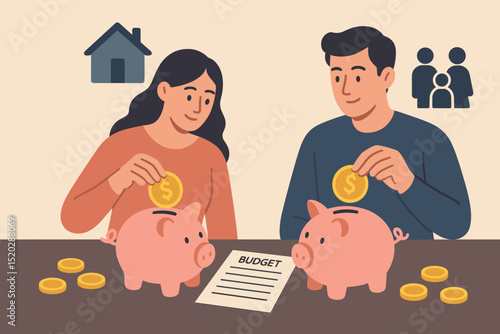 Couple budgeting together, financial planning for family future. Man and woman saving money in piggy banks, investing for house. Personal finance, economy, family budget concept.