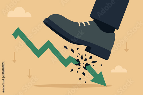 Economic downturn, financial crisis. Foot crushing breaking green arrow graph. Symbol of recession, stock market crash, business failure. Decline, investment loss, pressure, collapse metaphor.