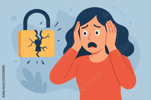 Cybersecurity vulnerability illustration. Data breach concept. Stressed woman, broken padlock. Hacking, system failure, online threat. Password compromised. Information security risk. Privacy.