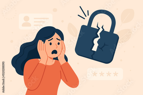 Cybersecurity vulnerability concept. Shocked woman, broken padlock illustrating data breach, hacked account, password compromise. Internet security failure, online privacy risk, identity theft alert.