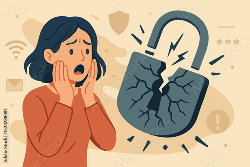 Cybersecurity vulnerability concept. Shocked woman sees broken padlock, data breach, hacking. Internet security failure, online safety compromised, password unprotected, system alert.