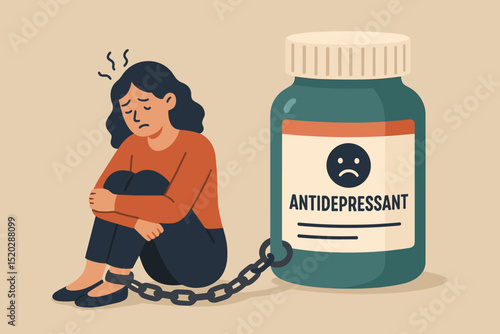 Sad woman shackled to antidepressant bottle, metaphor for medication dependence, mental health struggles, depression, anxiety. Concept of psychiatric treatment burden, addiction, side effects.
