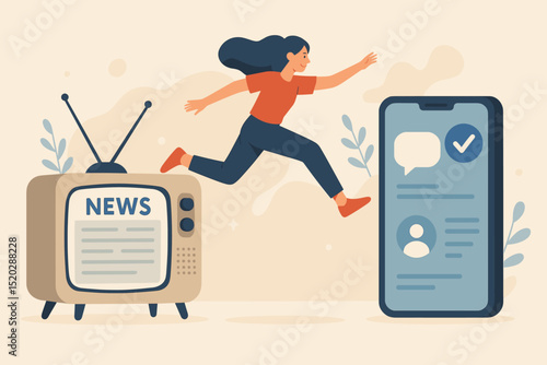 Media evolution journey: Woman leaps from retro television news to modern smartphone, symbolizing digital transformation, changing news consumption, online information access, and social media era.