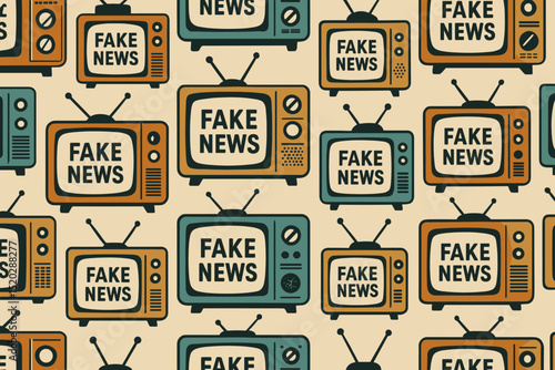 Vintage TV Seamless Pattern Fake News Disinformation Concept. Retro Television Sets Broadcasting Propaganda. Media Lies Hoax Misinformation Background. Old Technology Vector Illustration.