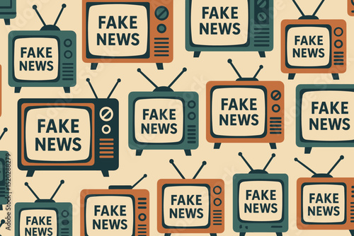 Vintage TVs broadcasting Fake News, a seamless pattern. Retro televisions display misinformation. Media propaganda, disinformation, biased reporting concept. Old technology vector illustration.