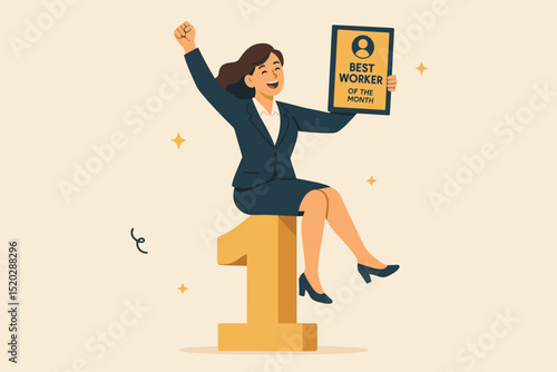 Successful businesswoman celebrating Best Worker of the Month award, sitting proudly on a giant number one. Employee recognition, first place victory, corporate achievement, top performer.