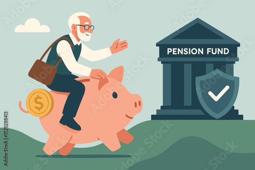 Elderly man on a piggy bank ride to a secure Pension Fund. Concept of retirement savings, financial planning for the future, investment growth, and wealth accumulation for old age.