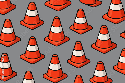 Traffic cone pattern. Seamless safety pylon background. Orange road cones vector. Construction site warning. Street work alert symbol. Repetitive caution graphic. Traffic management illustration.