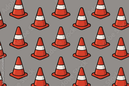 Traffic cone seamless pattern. Vector illustration of repeating orange and white safety pylons with slight perspective. Road construction warning, caution symbol. Alert background graphic design.