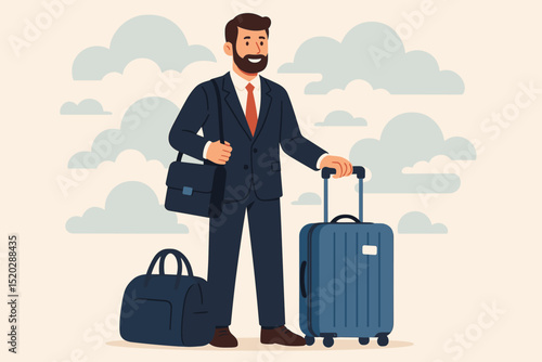 Smiling bearded businessman in formal suit ready for business travel, holding suitcase and briefcase. Professional male executive on corporate journey, airport departure concept. Flat design vector.