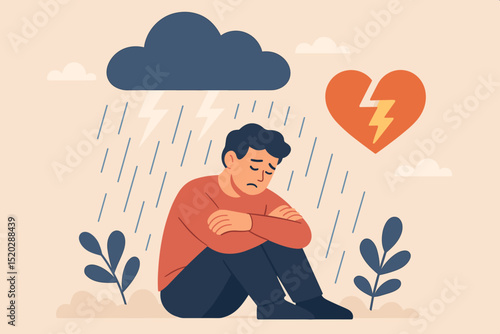 Emotional weather impact: Sad, lonely man under storm cloud with broken heart. Concept of depression, anxiety, mental breakdown, heartbreak, grief, solitude. Psychological crisis. Vector.