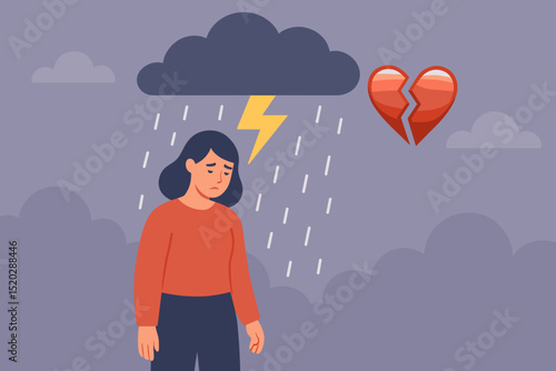 Sad depressed woman under storm cloud with rain, metaphor for emotional distress, grief, and heartbreak. Broken heart icon, lightning. Concept of mental health, bad mood, despair, loneliness. Vector.