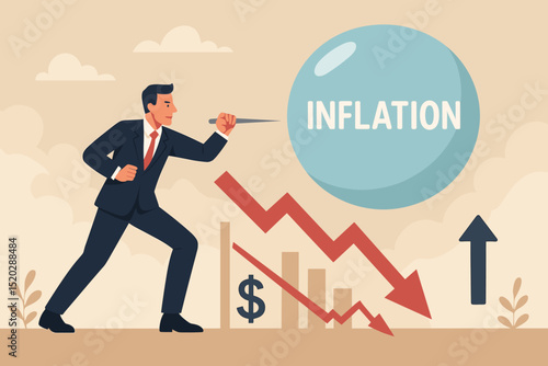 Businessman puncturing inflation bubble. Concept of combating rising prices, economic crisis, and financial market correction. Monetary policy metaphor for deflation and stability.