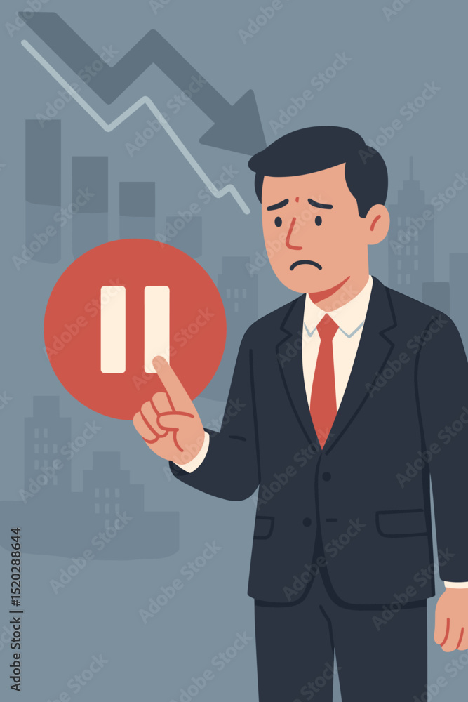 Businessman pauses business amid economic downturn, declining graph. Financial crisis, recession. Sad manager pressing stop button, strategic break, project suspension, investment halt. Businessman pauses business amid economic downturn, declining graph. Financial crisis, recession. Sad manager pressing stop button, strategic break, project suspension, investment halt.