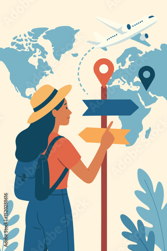 Woman planning travel adventure, choosing destination with signpost. World map, airplane, location pins. Female tourist, backpacker exploring global journey, vacation concept illustration.