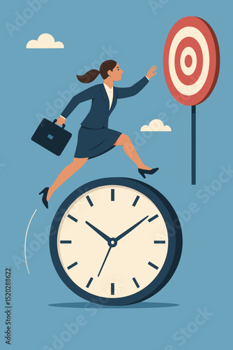 Time management success concept. Businesswoman running on clock, striving for target. Symbol of efficiency, productivity, deadline, goal achievement, ambition, career progress, and strategy.