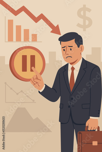 Financial crisis concept: Worried businessman hits pause button on declining economic chart. Metaphor for recession, business failure, market crash, investment loss, taking a necessary break.