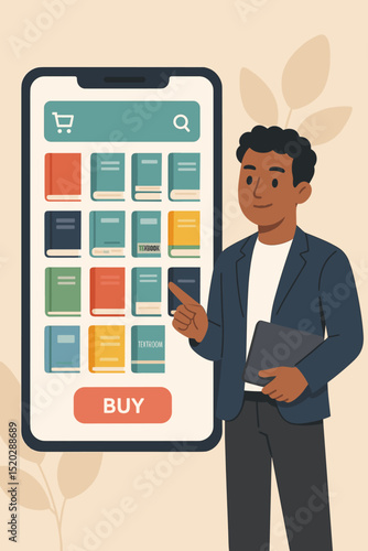 Online bookstore app. Man buying e-books on smartphone. Digital library. E-commerce, mobile shopping for literature & textbooks. Reading technology. Education. E-learning promotion. Vector.