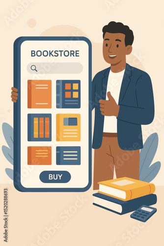 Man promoting online bookstore app on smartphone for e-commerce. Digital library concept with book icons, search bar, and buy button. Mobile shopping for literature and education. Vector.