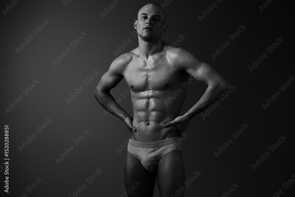 Fototapeta premium Athletic man posing confidently in black and white, showcasing strong physique with dramatic lighting, creating an impactful visual presence.