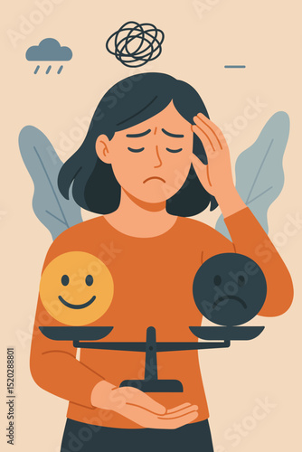 Emotional balance struggle, bipolar disorder concept. Woman with scales, happy sad faces. Mental health, mood swings, psychology, stress, anxiety, depression. Inner conflict, emotional regulation.