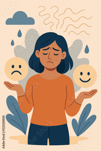 Mental health and emotional balance concept. Woman with happy and sad emoji faces symbolizes mood swings, bipolar disorder, inner conflict, feelings, psychology, stress, anxiety, choice, support.