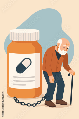 Elderly man captive to medication. Chained to giant pill bottle, illustrating drug dependency, senior citizen healthcare costs, addiction struggles, and pharmaceutical reliance in old age.